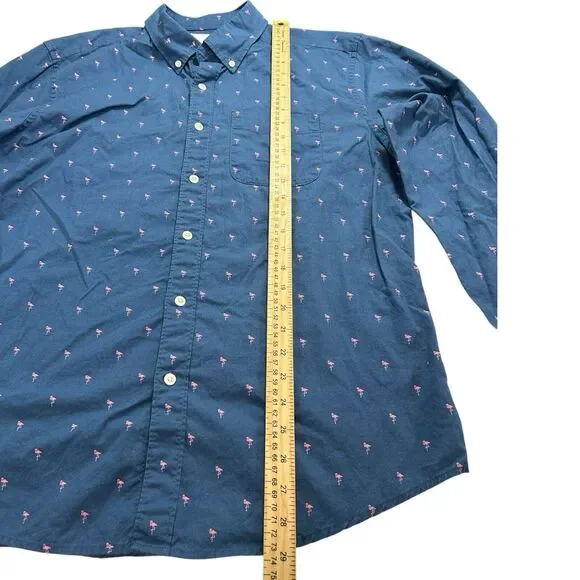 American Eagle L Blue Flamingo Print Button Up Shirt 100% Cotton Business Casual - Picture 4 of 8